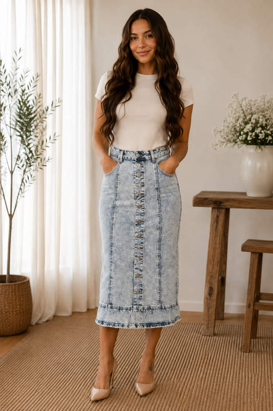 The Grace Button Front Denim Maxi Skirt