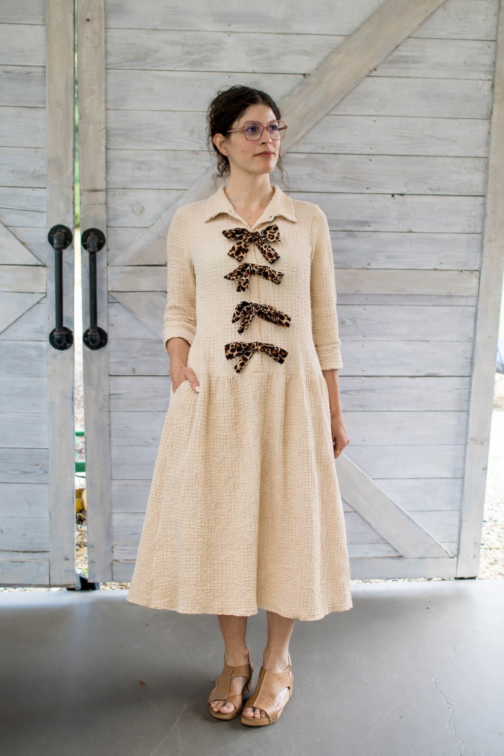 Elegant Midi Dress with Leopard Bows• Beige