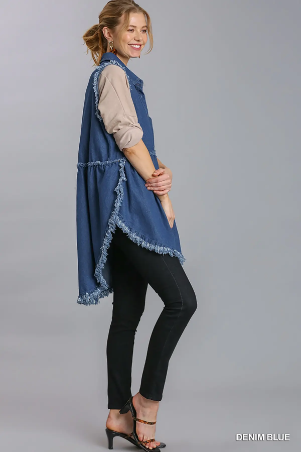 Denim Layering Vest with Frayed Hem