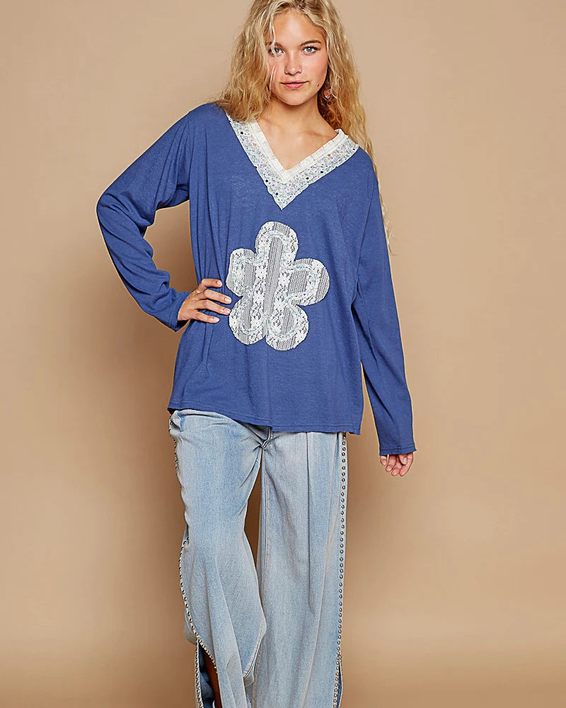 Blue Blush Boho Patch Long Sleeve Oversized VNeck Top