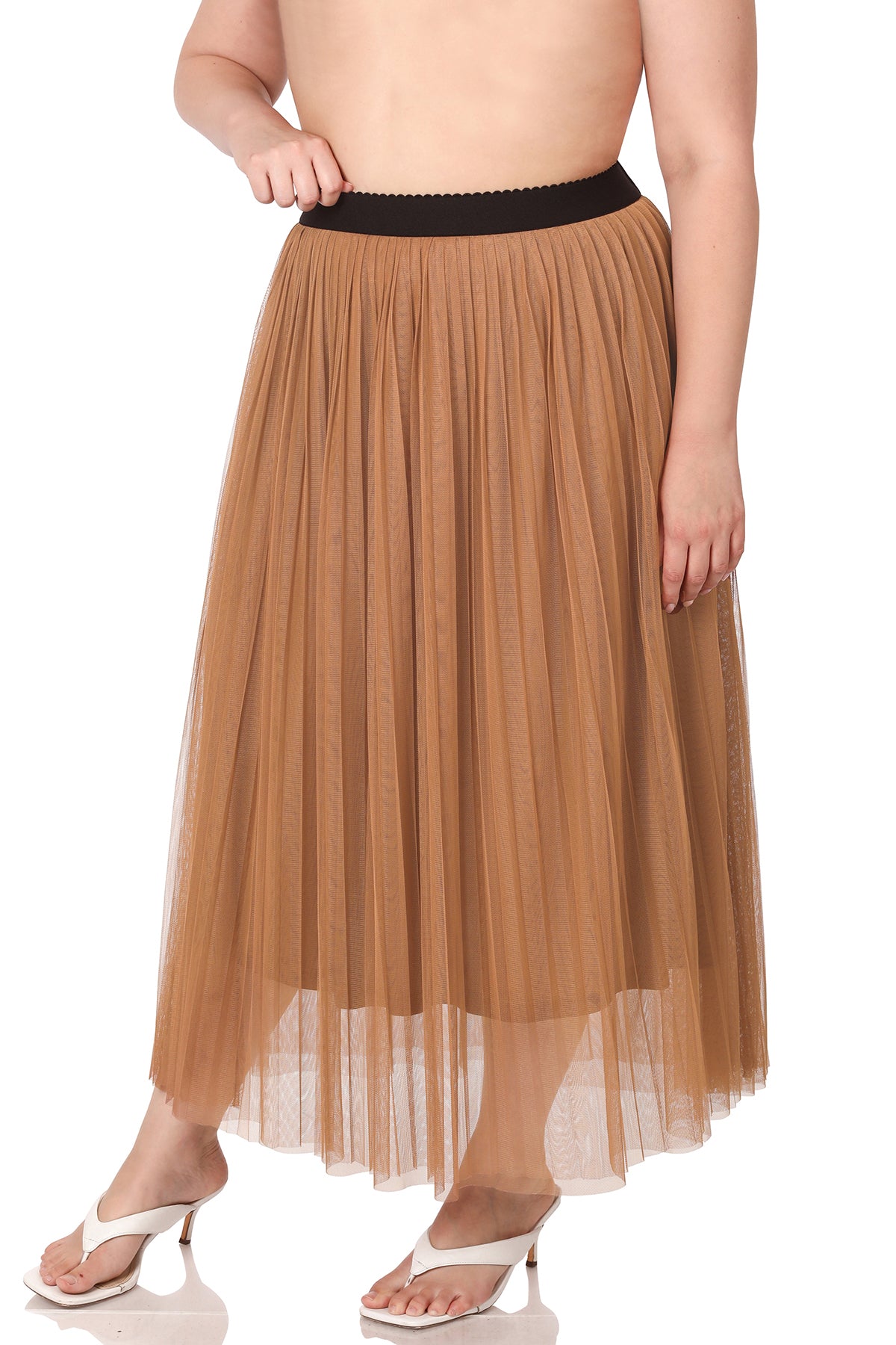 Camel Mesh Pleated Skirt