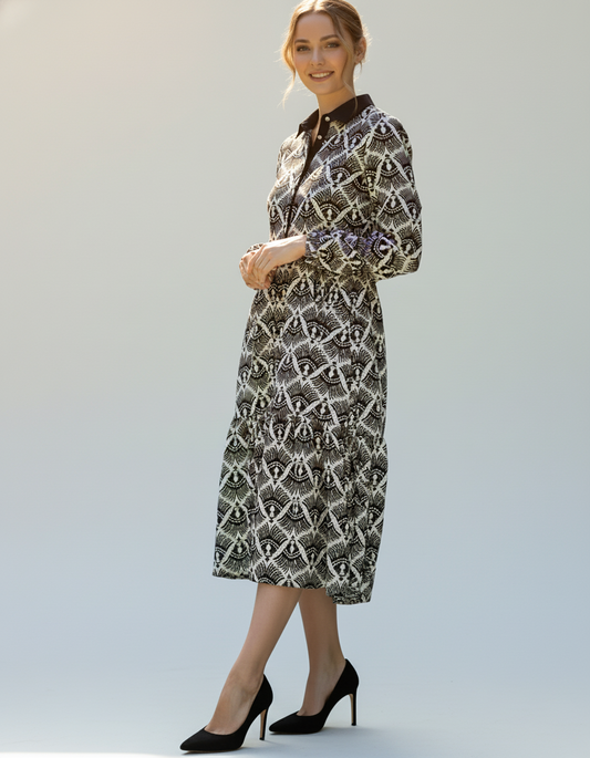 Black& White Boho Feather Maxi Dress