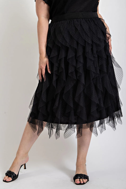 Ruffled Tulle Midi Skirt