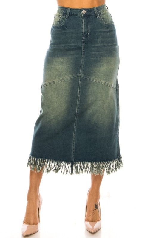 The Meadow Fringe Denim Maxi Skirt