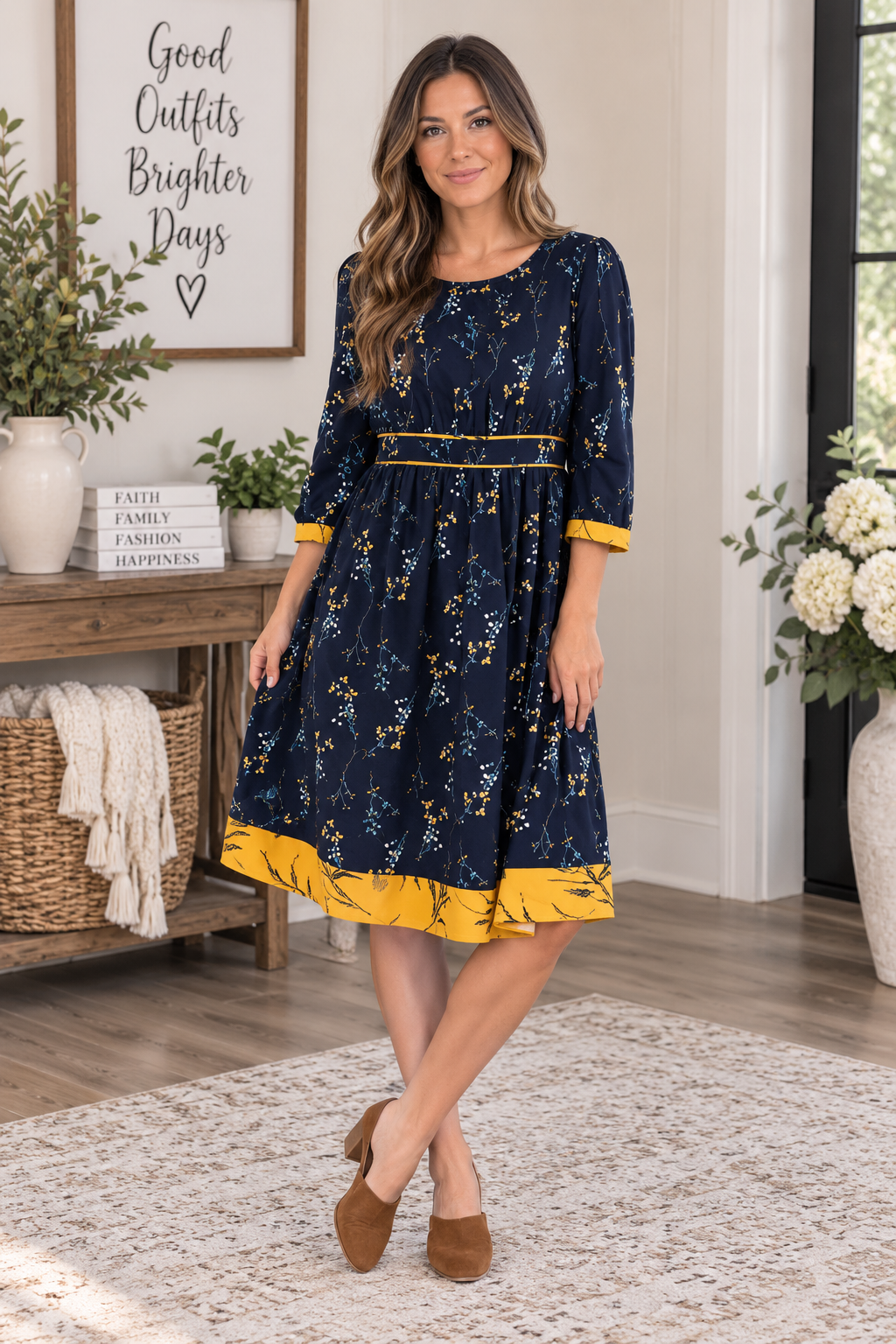 Edwina• Yellow Trim Floral Dress