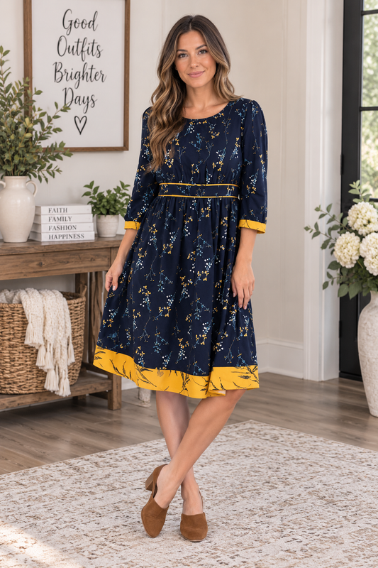 Edwina• Yellow Trim Floral Dress