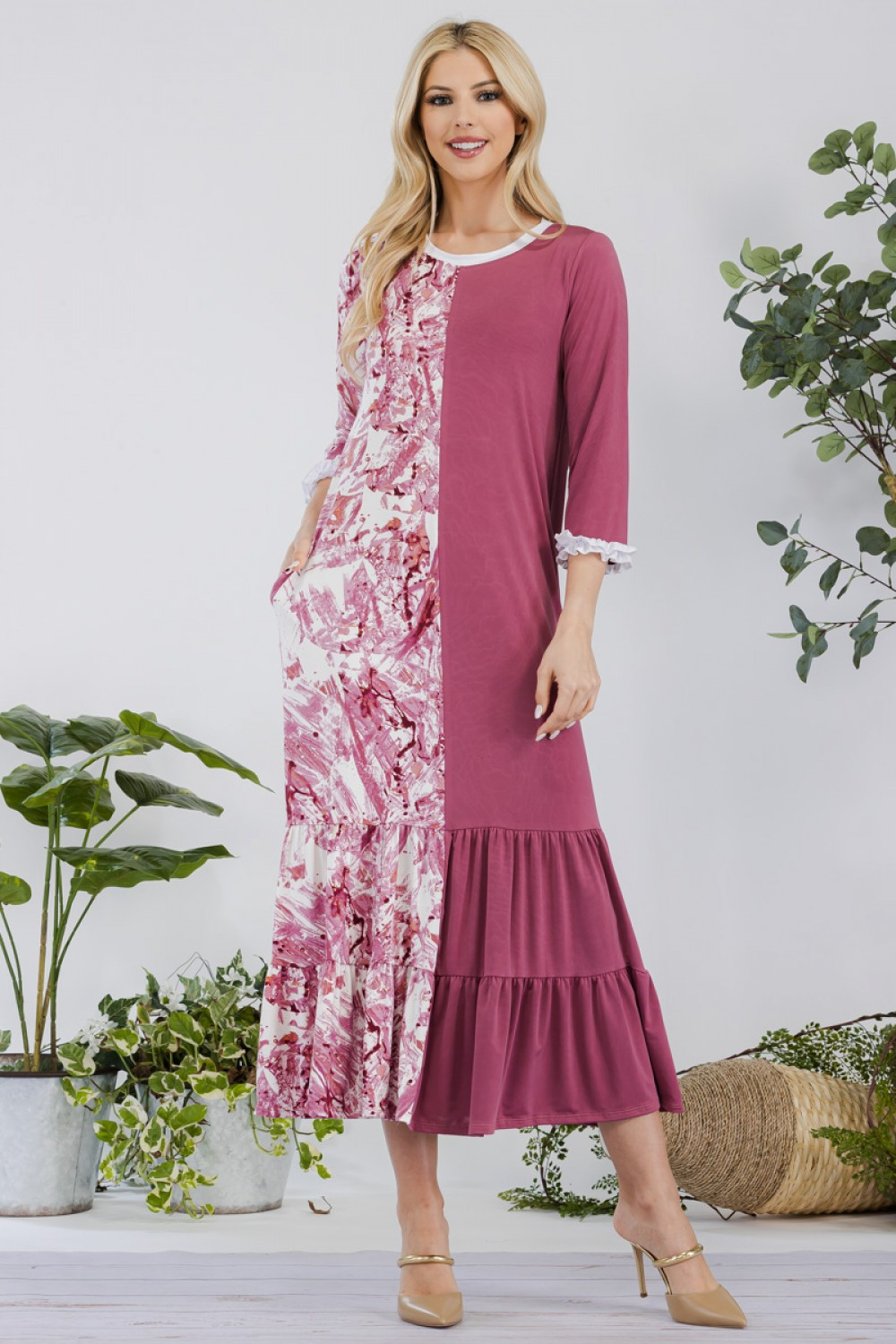 Mauve Tie Dye Contrast MIDI-Dress