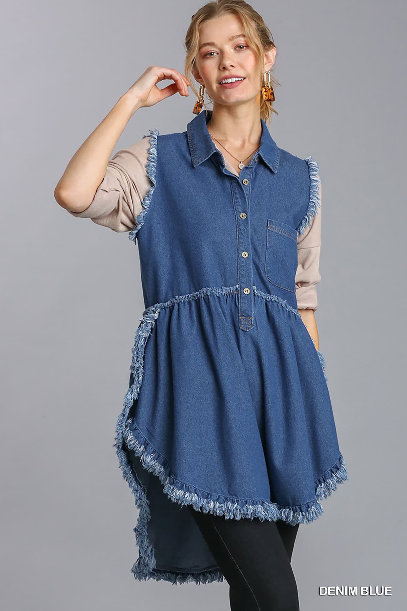 Denim Layering Vest with Frayed Hem