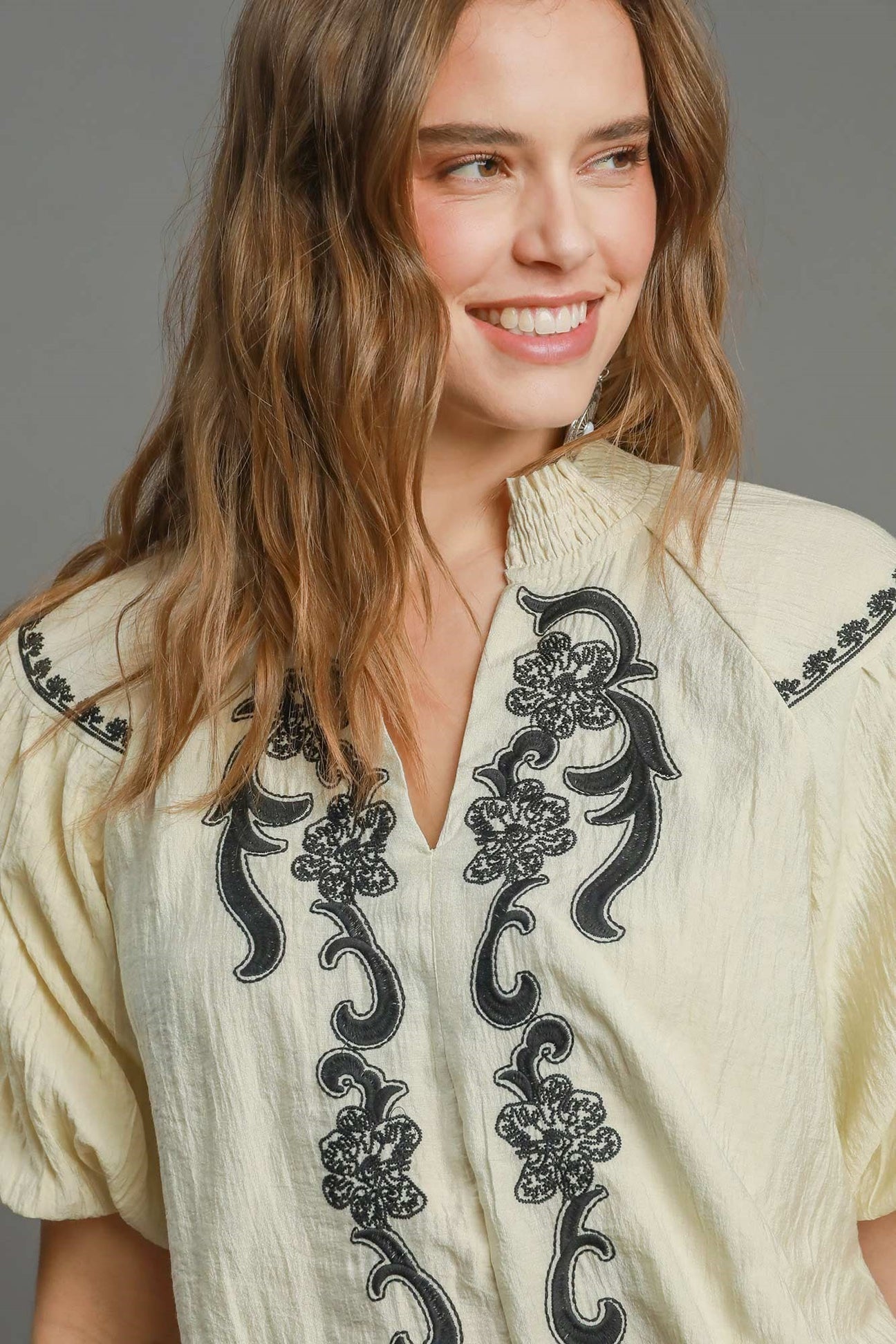 Beige Top with black embroidery