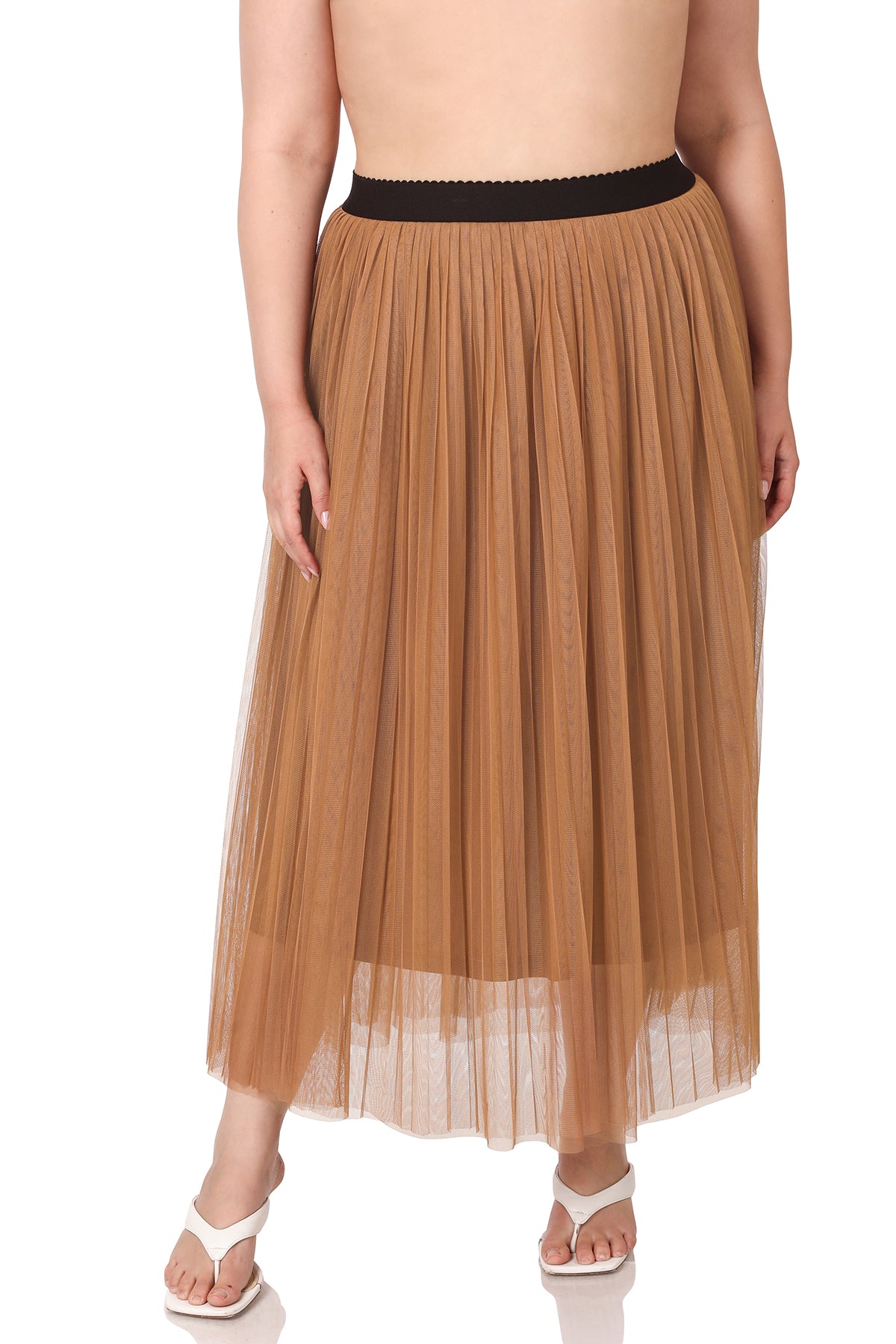 Camel Mesh Pleated Skirt