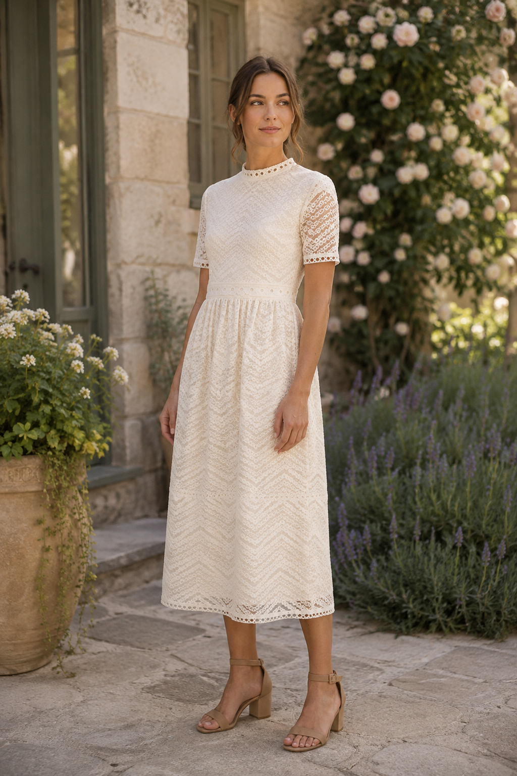 Chevron Tiered Lace Midi Dress