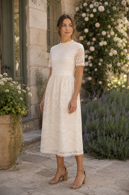 Chevron Tiered Lace Midi Dress