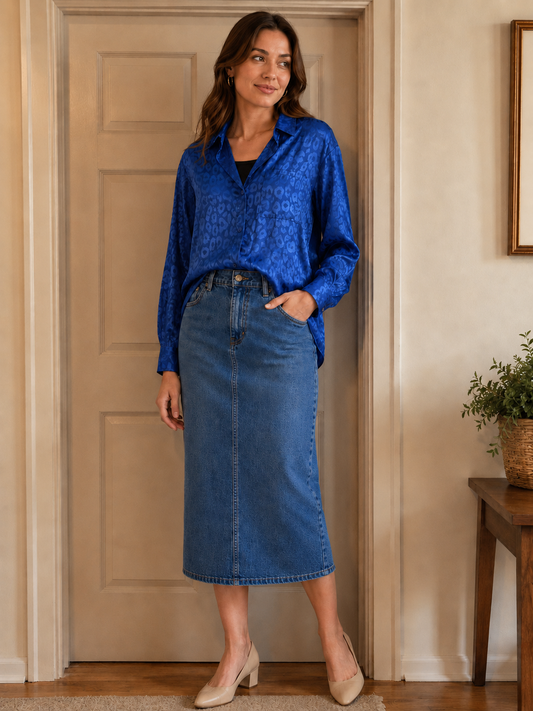 Blue Jacquard Satin Blouse