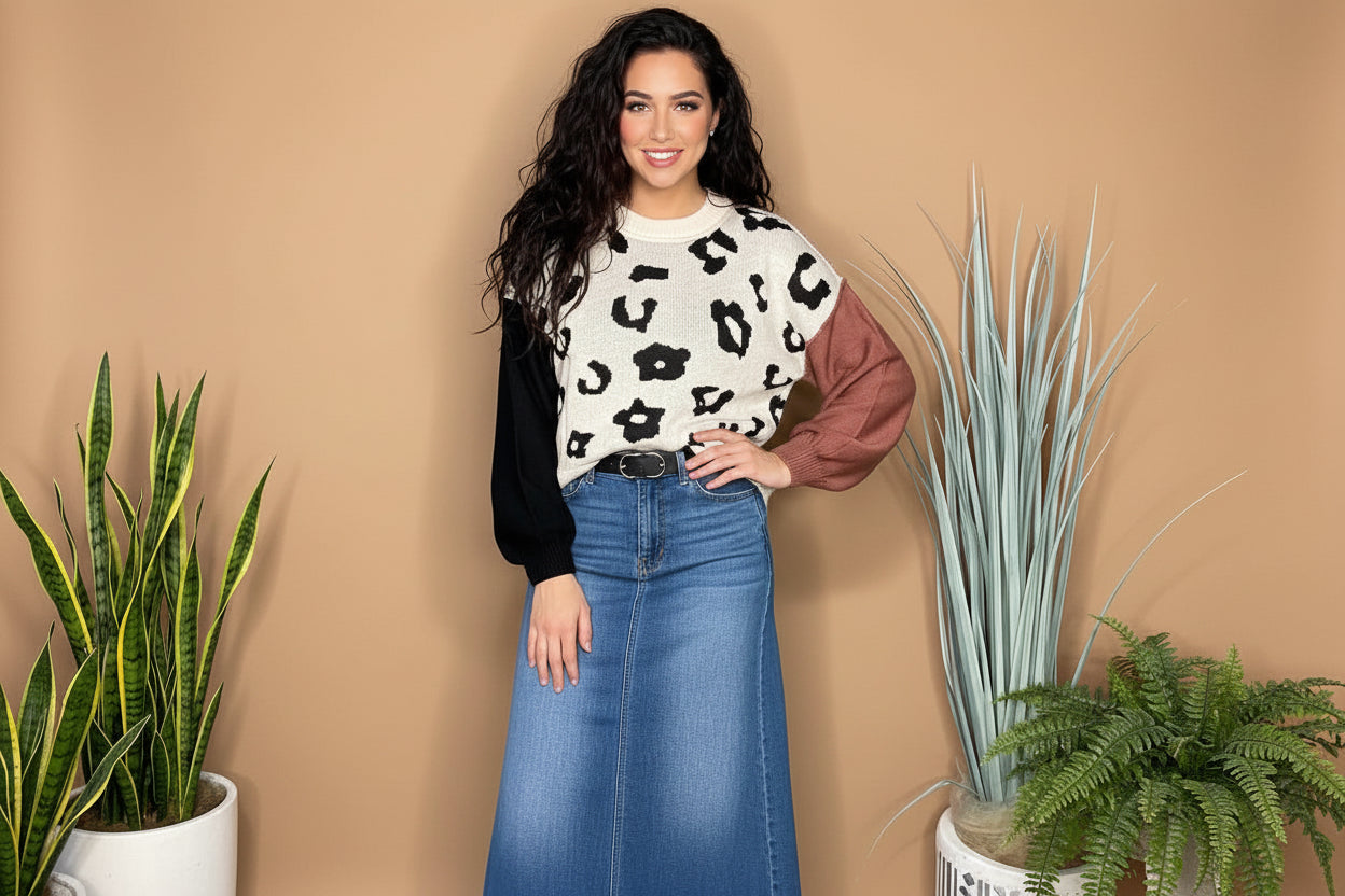 Tan & Black Leopard Knit Pullover