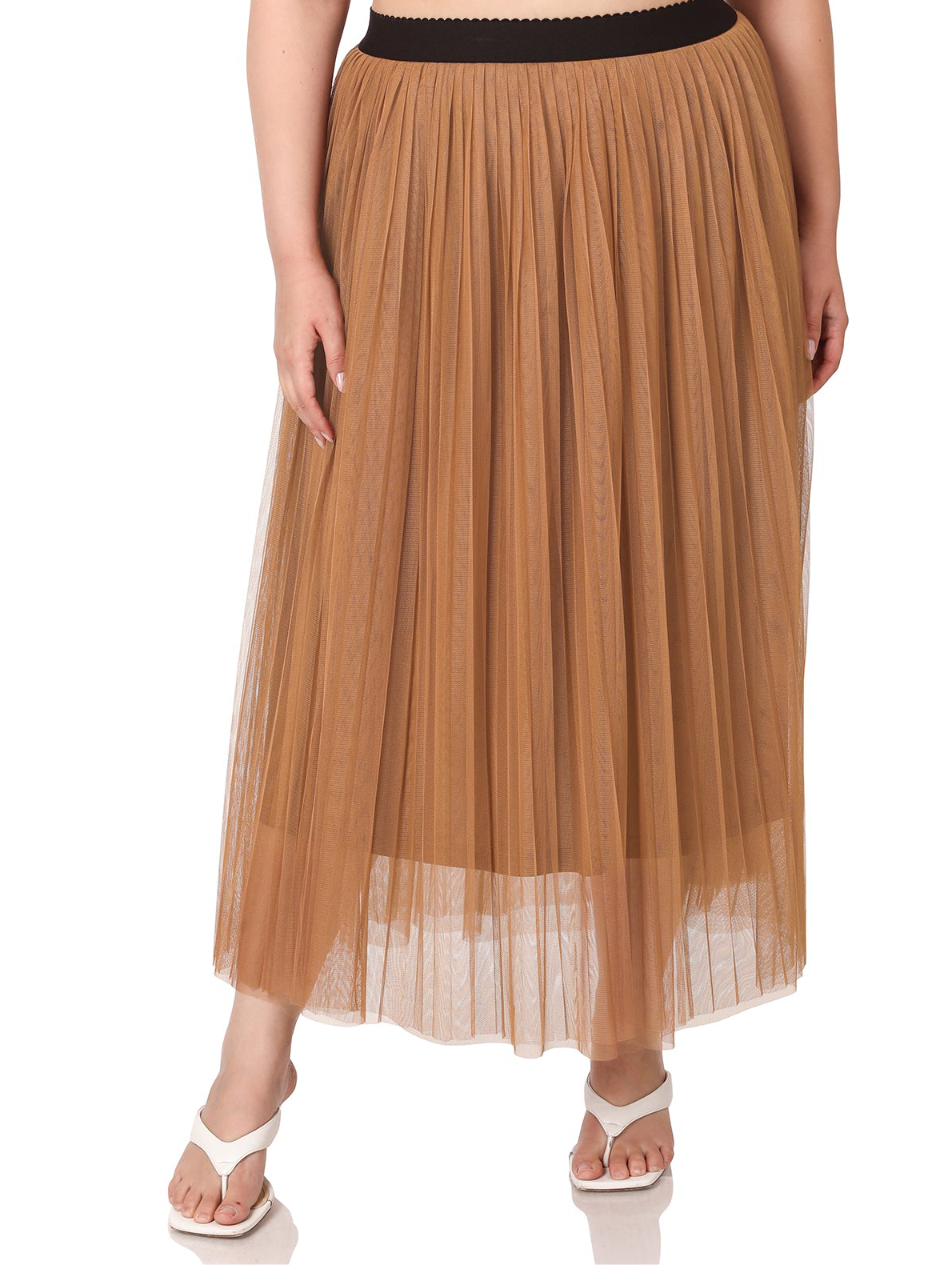Camel Mesh Pleated Skirt