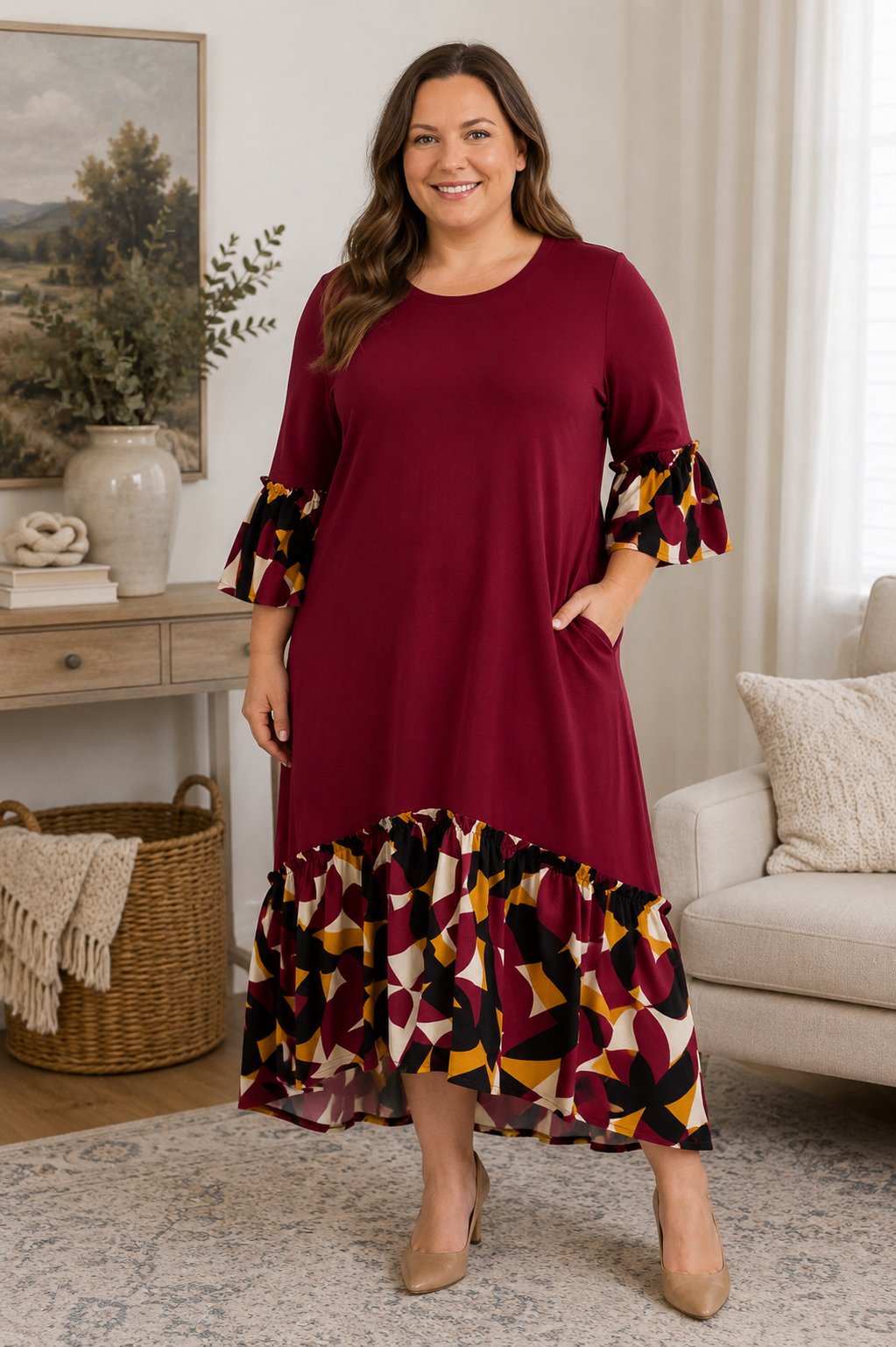 Autumn Mosaic Ruffle Midi Dress