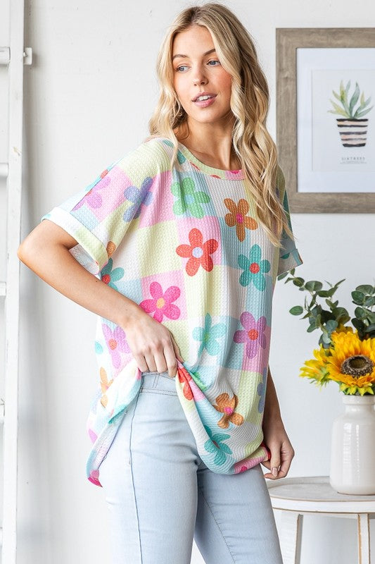 Flower Waffle Knit Block Top