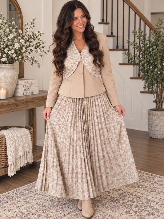 LONG SLEEVE BLAZER & ELASTIC WAIST MAXI SKIRT FLORAL PLEATED 2PC. SET