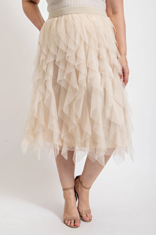 Ruffled Tulle Midi Skirt
