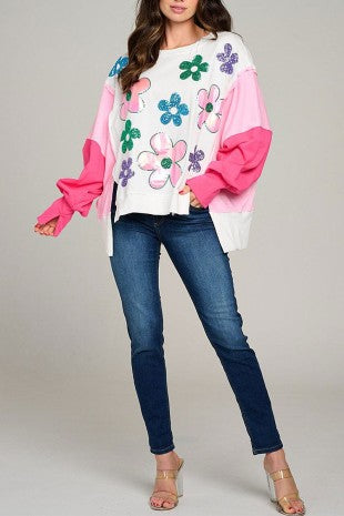 Side Slit Colorblock Floral Pullover Sweater top