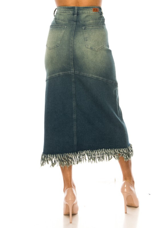 The Meadow Fringe Denim Maxi Skirt