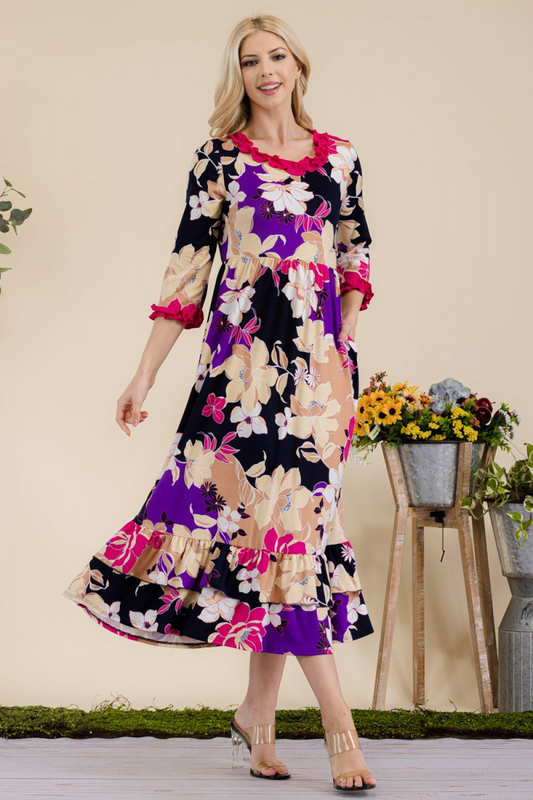 Floral Ruffle 3/4 Sleeve Midi Dress