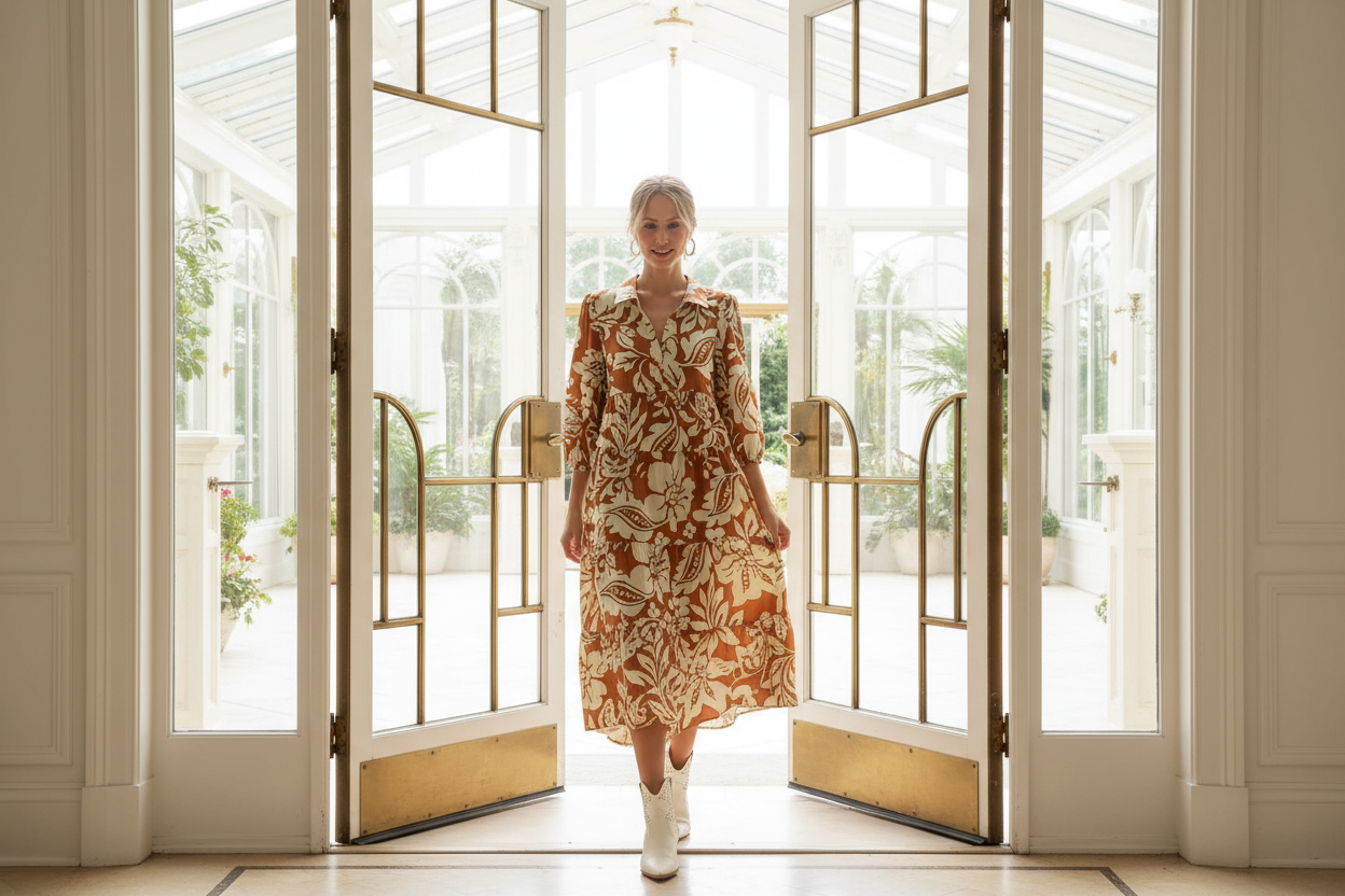 Rust Floral Print Midi Dress