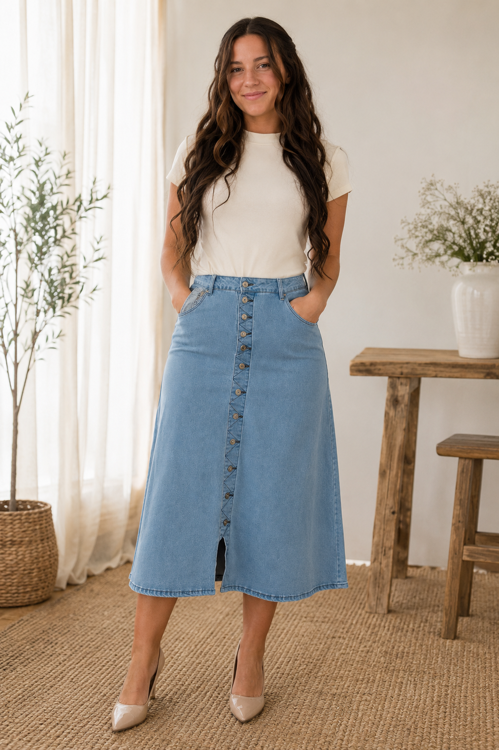 The Hope Button Front Denim Midi Skirt