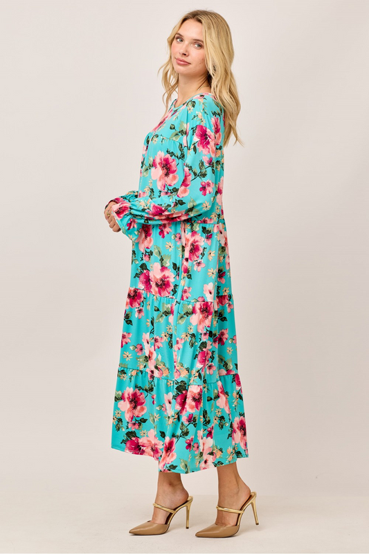 Floral Print Dress With Long Ruffle Sleeves