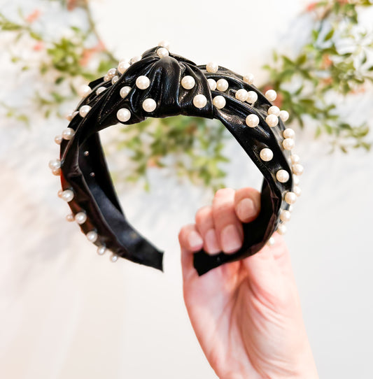 Leather Pearl Accent Black Headband