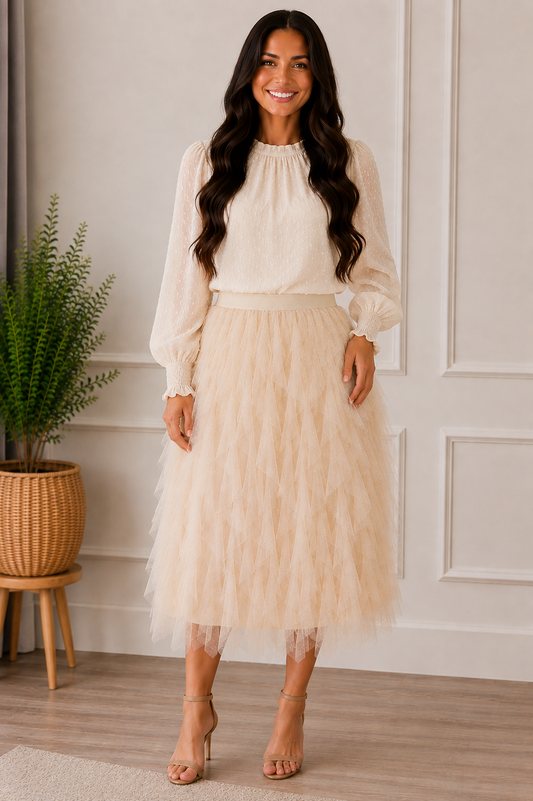 Ruffled Tulle Midi Skirt