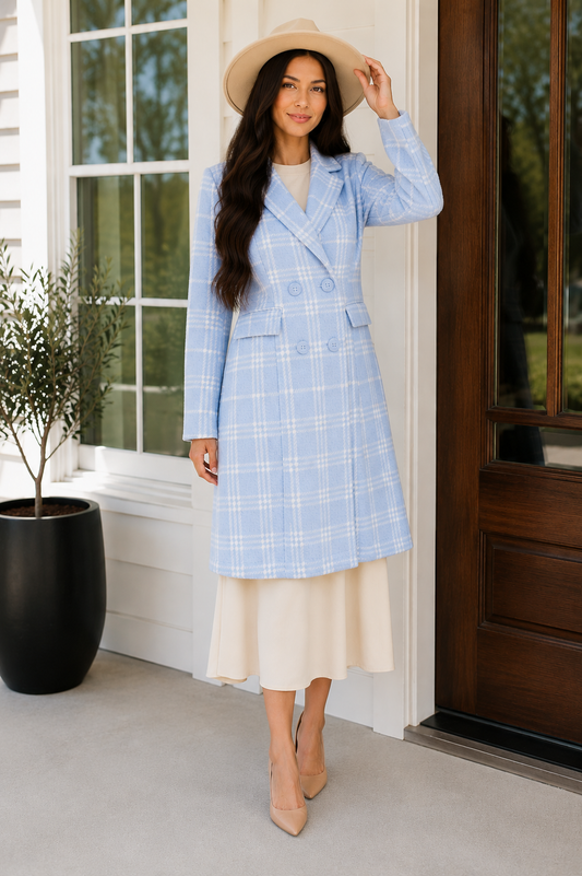WOMEN'S LONG SLEEVE BUTTON CLOSURE PLAID COAT