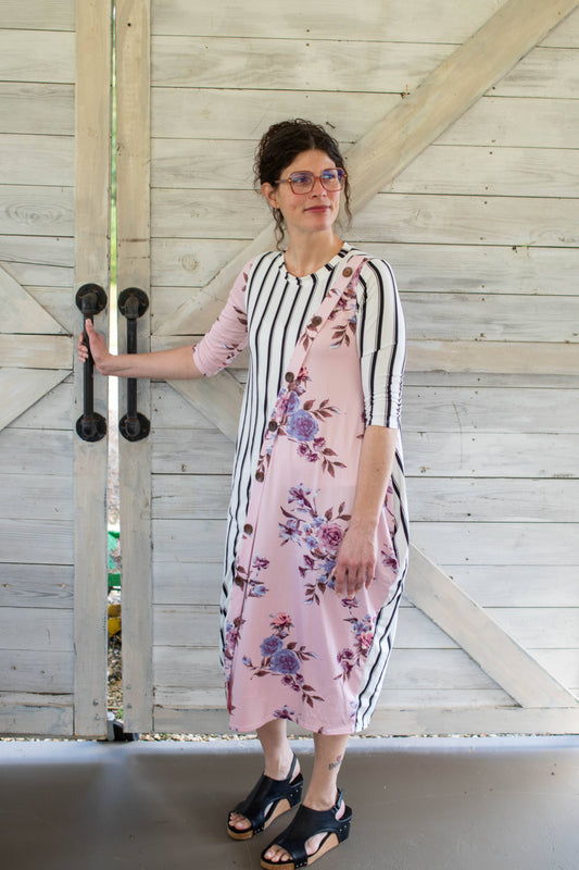 Mauve Floral and Strips Dress