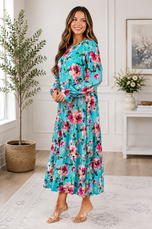 Floral Print Dress With Long Ruffle Sleeves