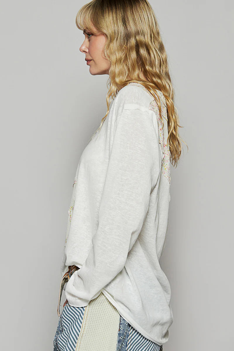 Ivory Boho Patch Long Sleeve
Oversized VNeck Top