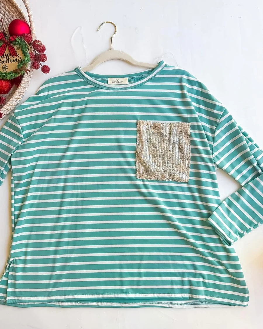 Striped Sequin Pocket Top