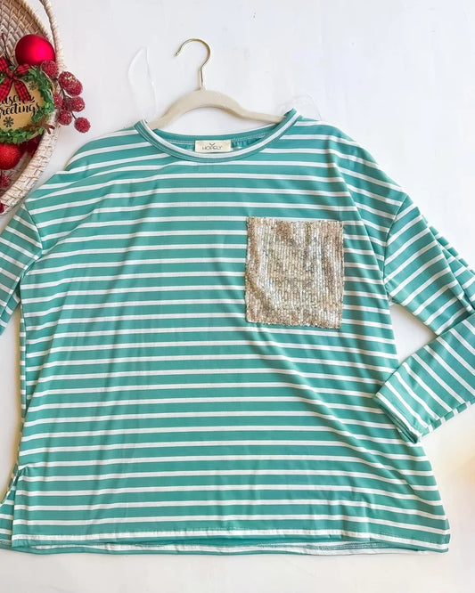 Striped Sequin Pocket Top