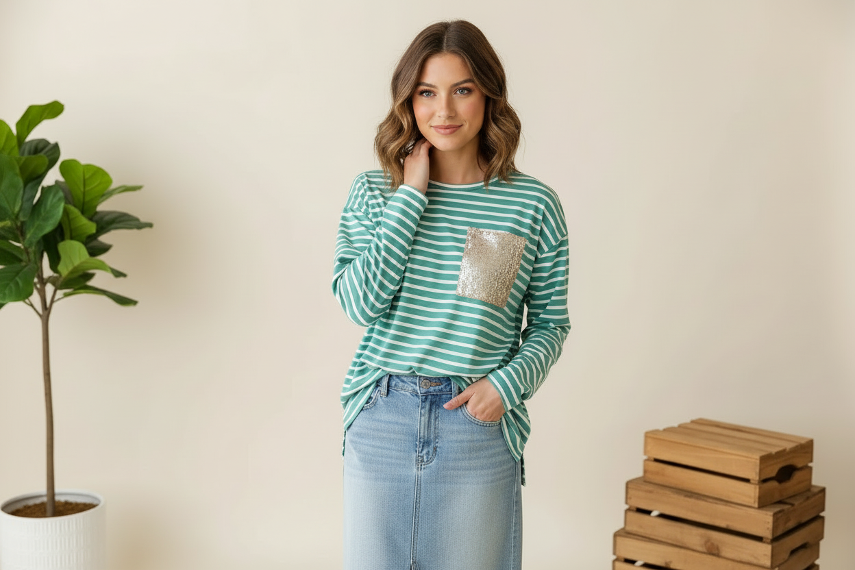 Striped Sequin Pocket Top
