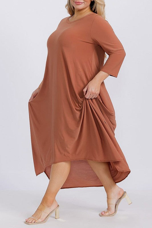 Solid 3/4 Sleeve Pocket Front Hi Lo Maxi Dress