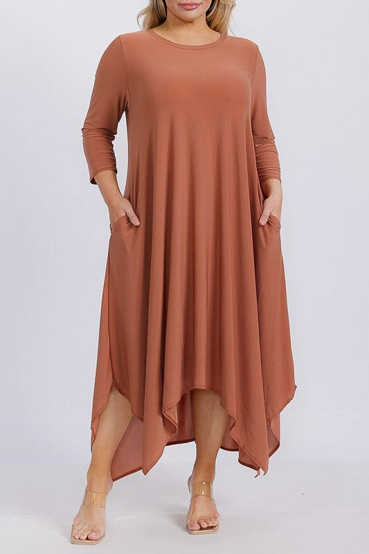 Solid 3/4 Sleeve Pocket Front Hi Lo Maxi Dress