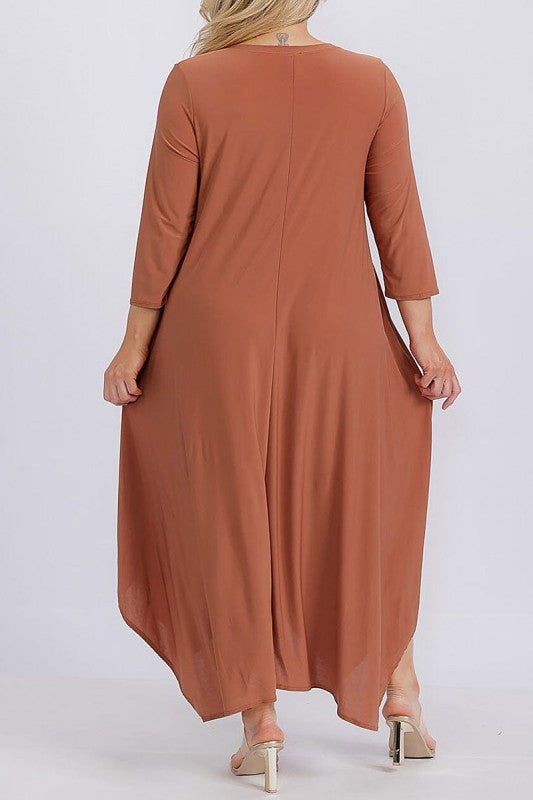 Solid 3/4 Sleeve Pocket Front Hi Lo Maxi Dress