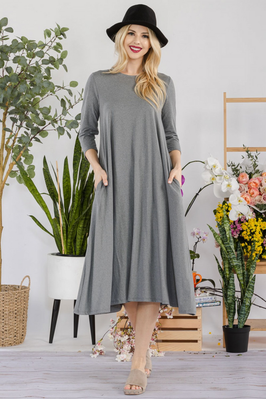 Charcoal Midi Dress with 3/4 Sleeves