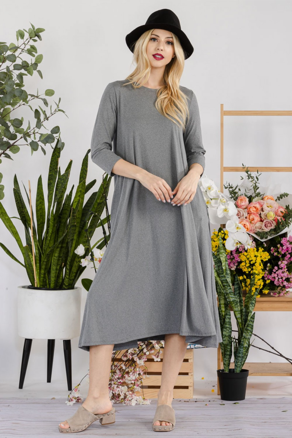 Charcoal Midi Dress with 3/4 Sleeves