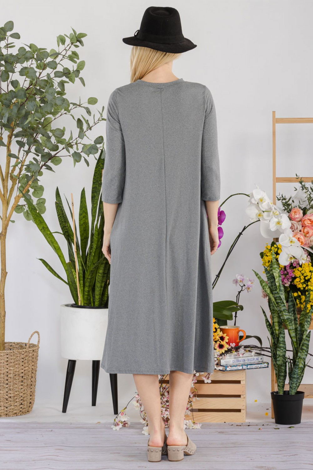 Charcoal Midi Dress with 3/4 Sleeves
