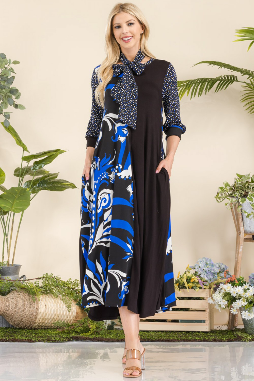 Royal and Black Floral Contrast Dress