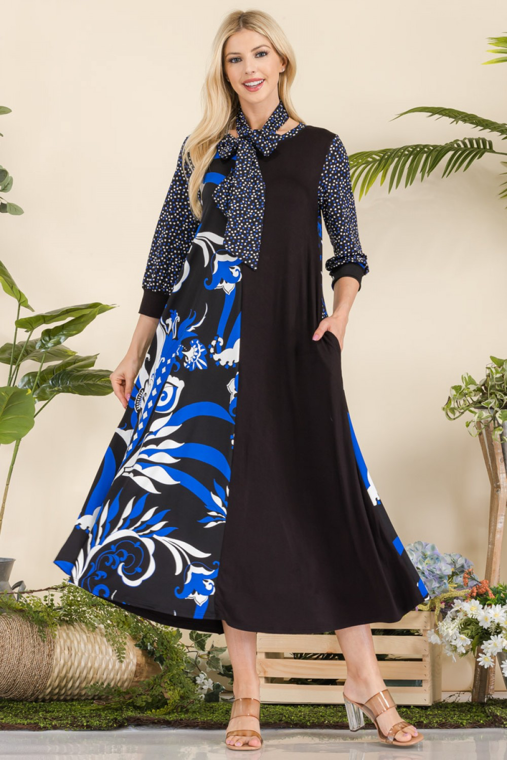 Royal and Black Floral Contrast Dress