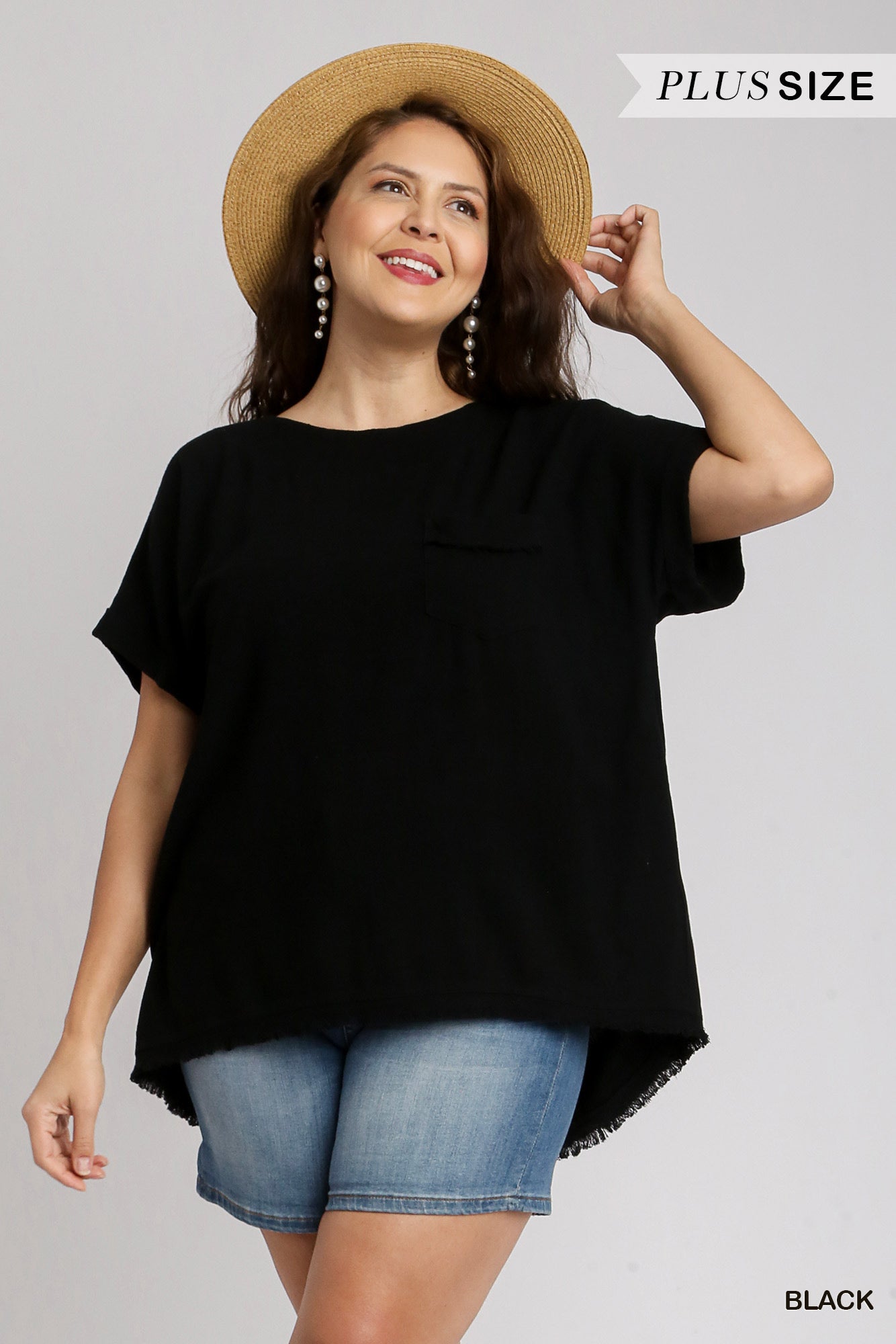 Black Pocket Top with Frayed hem￼