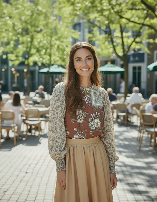 Brown Mixed Print Long
Balloon Sleeve Mock Neck Blouse