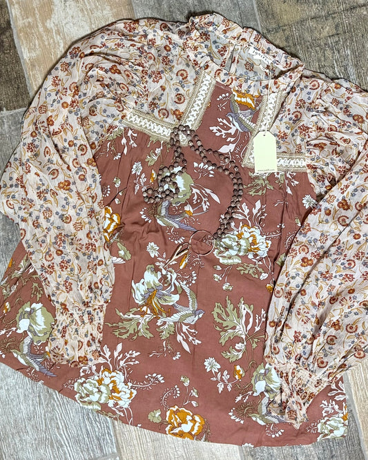 Brown Mixed Print Long
Balloon Sleeve Mock Neck Blouse