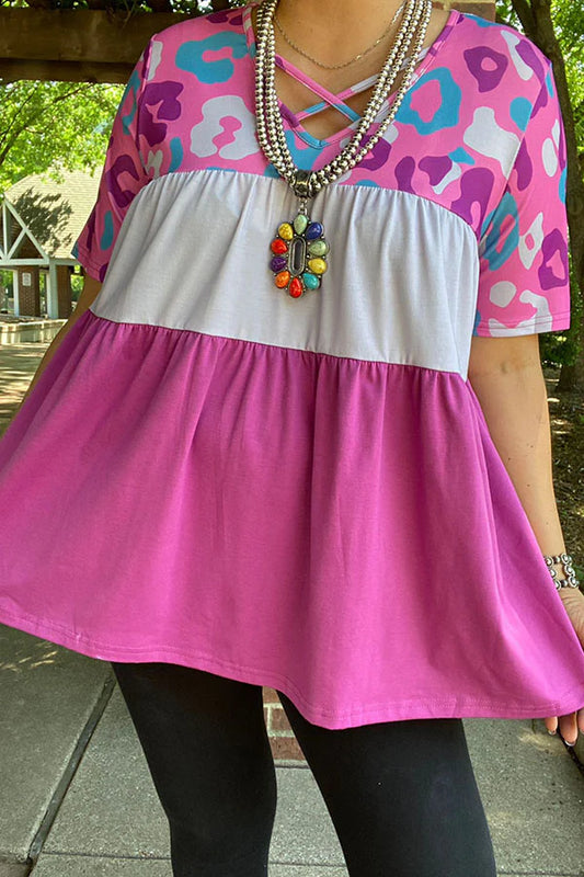 Cross Cross Color Block Leopard Print Top